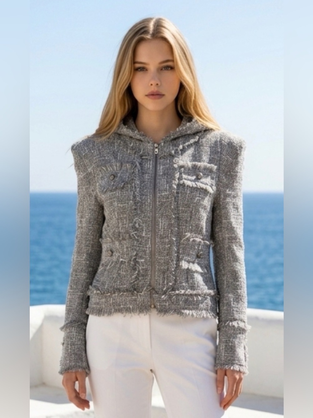 Fate Grey Tweed Frayed Zip Jacket